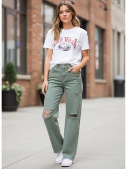 XYLA - Green Women High Waist Cotton Solid Straight Leg Jeans