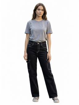 XYLA - Women Black Mid Waist Cotton Solid Straight Leg Jeans