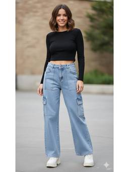 XYLA - Women Mid Waist Blue Cotton Solid Straight Leg Jeans