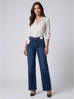 XYLA - Navy Blue Women's Mid Waist Cotton Solid Straight Leg Jeans