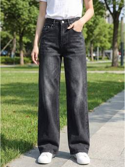 XYLA - Black Women Mid Waist Cotton Solid Wide Leg Jeans