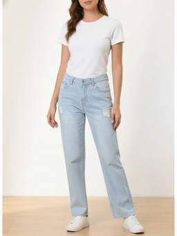 XYLA - Women High Waist Cotton Blue Solid Straight Leg Jeans