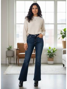 XYLA - Navy Blue Women High Waist Cotton Solid Flared Leg Jeans