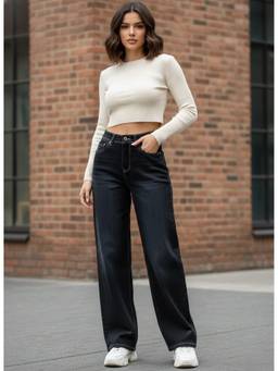 XYLA - Black Women Mid Waist Cotton Solid Straight Leg Jeans