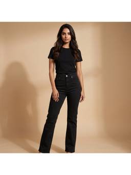 XYLA - Black Women's High Waist Cotton Solid Straight Leg Jeans