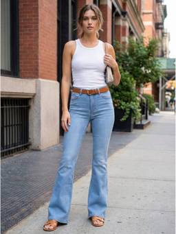 XYLA - Blue Women's Mid Waist Cotton Solid Flared Leg Jeans