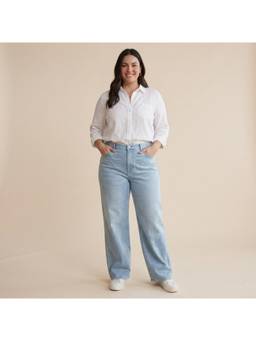 XYLA - Blue Cotton Womens High Waist Solid Wide Leg Jeans
