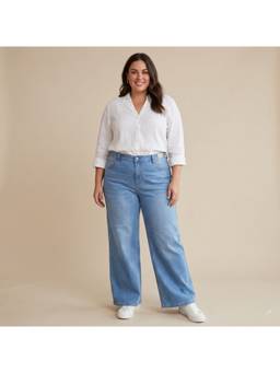 XYLA - Blue Cotton Solid Women High Waist Wide Leg Jeans