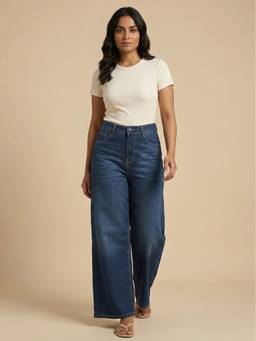 XYLA - Blue Cotton Solid Women's High Waist Wide Leg Jeans
