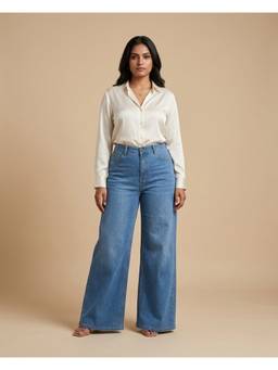 XYLA - Women High Waist Cotton Blue Solid Wide Leg Jeans