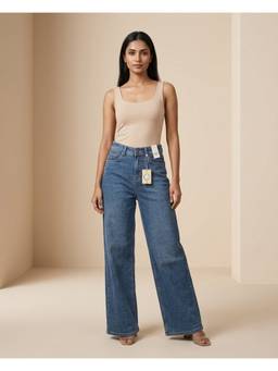 XYLA - Women Cotton High Waist Solid Straight Leg Blue Jeans
