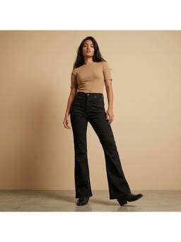 XYLA - Women Black High Waist Cotton Solid Wide Leg Jeans