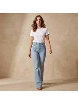 XYLA - Women High Waist Cotton Solid Wide Leg Blue Jeans