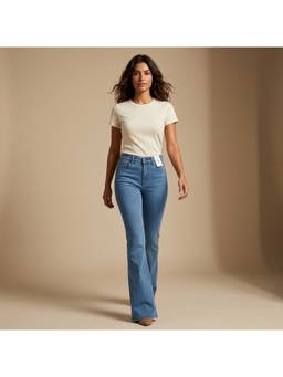 XYLA - Women High Waist Cotton Solid Blue Wide Leg Jeans