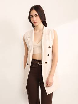 Kazo - Women Beige Knitted Plain Regular Coat