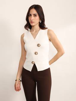 Kazo - Women Beige Knitted Plain Tailored Waistcoat