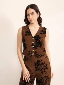 Kazo - Women Brown Polyester Printed Tailored Waistcoat