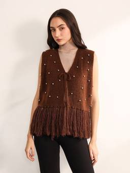 Kazo - Women Brown Knitted Embellished/Sequined Relaxed Shrug