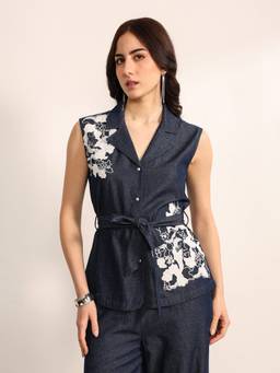 Kazo - Women Blue Denim Embroidered Tailored Waistcoat