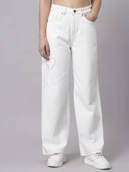 TARAMA - White Women High Waist Cotton Solid Wide Leg Jeans