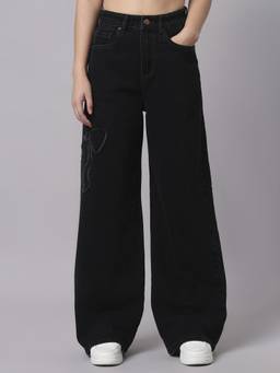 TARAMA - Black Womens High Waist Cotton Solid Wide Leg Jeans