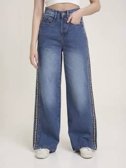 TARAMA - Blue Women High Waist Cotton Solid Wide Leg Jeans