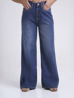 TARAMA - Blue Women's High Waist Cotton Solid Wide Leg Jeans