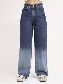 TARAMA - Blue Women High Waist Cotton Ombre Wide Leg Jeans