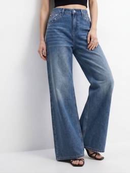 Outzidr - Blue Women Mid Waist Polyester Solid Wide Leg Jeans