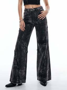 Outzidr - Black Women Mid Waist Polyester Self Design Flared Leg Jeans