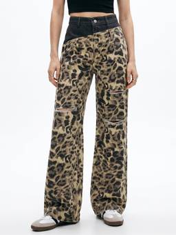 Outzidr - Multi-Color Women Mid Waist Polyester Animal Print Wide Leg Jeans