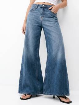Outzidr - Blue Women Mid Waist Cotton Solid Wide Leg Jeans