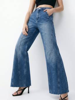 Outzidr - Women Blue Mid Waist Cotton Solid Wide Leg Jeans