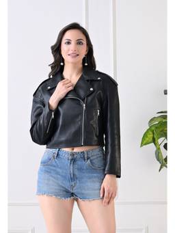 TBOJ - Women Black Pu Plain Oversized Jacket
