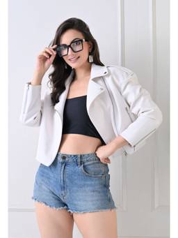 TBOJ - Women White Pu Plain Oversized Jacket