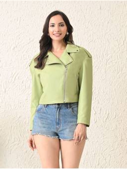 TBOJ - Women's Green PU Plain Oversized Jacket