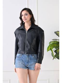TBOJ - Women'S Black Pu Plain Oversized Jacket