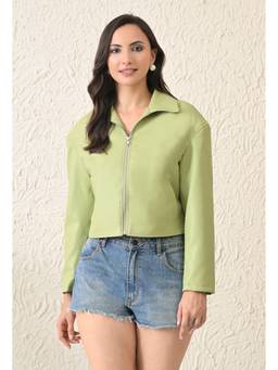 TBOJ - Women Green PU Plain Oversized Jacket