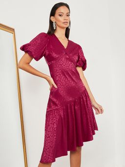 Styli - Burgundy Short Volume Sleeves Jacquard A-line Knee Length Dress
