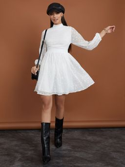Styli - White Long Volume Sleeves Self Design Skater Mini Dress
