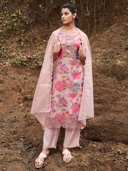 Sindh Fashion - Pink Organza Straight Kurta with Pants Dupatta (Set of 3)