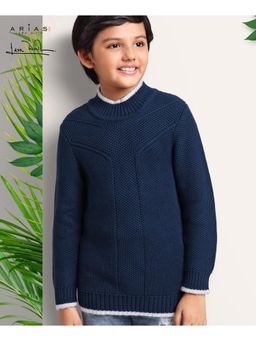 Arias by LARA DUTTA - Cotton Structured knit High neck Full Sleeve Pullover -Navy