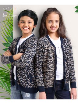 Arias by LARA DUTTA - Sweater with Animal Jacquard design All Over Print -Navy and Beige