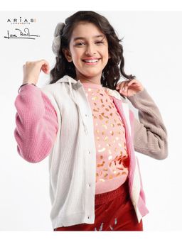 Arias by LARA DUTTA - Rib Knit Front Open Hooded Sweater - Pink and White