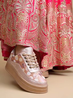 HVNLY by Shoetopia - Women Rose Gold Lace-Up Sneakers