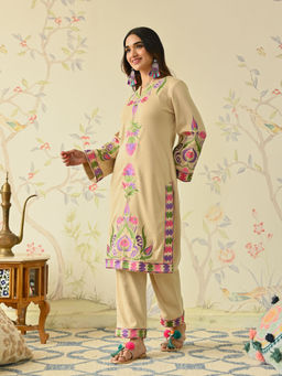 Rustorange - Beige Woollen Aari Embroidered Kashmiri Kurta