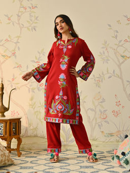 Rustorange - Maroon Woollen Aari Embroidered Kashmiri Kurta and Pant (Set of 2)