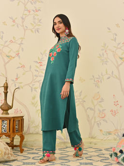 Rustorange - Teal Woollen Aari Embroidered Floral Kurta with Band Collar
