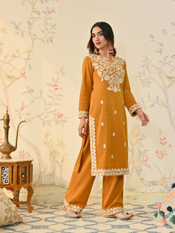 Rustorange - Mustard Woollen Embroidered Kurta
