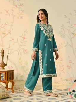 Rustorange - Teal Woollen Embroidered Kurta